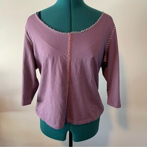 Sigrid Olsen boho hand stitched contrast 3/4 sleeve tee L